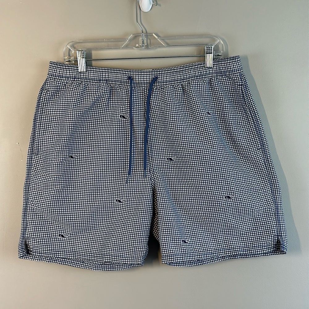 Vineyard Vines Whale Logo Blue and White Gingham Swim Trunks Size L